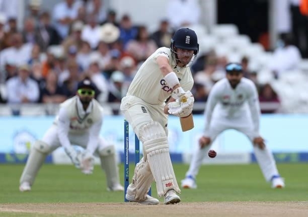 Rory Burns of England hits out during day three of the First LV= Insurance test match between England and India at Trent Bridge on August 05, 2021 in...