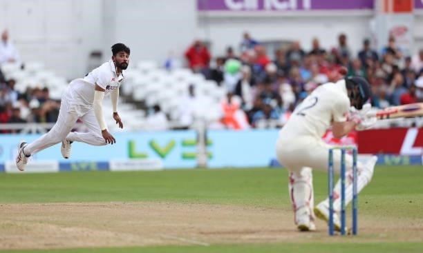 Mohammed Siraj of India bowls at Dom Sibley of England during day three of the First LV= Insurance test match between England and India at Trent...