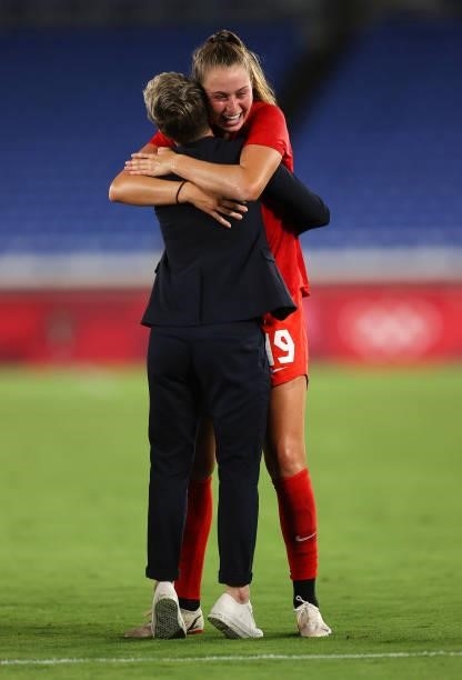 Beverly Priestman, Head Coach celebrates with Jordyn Huitema of Team Canada following their team's victory in the penalty shoot out after the Women's...