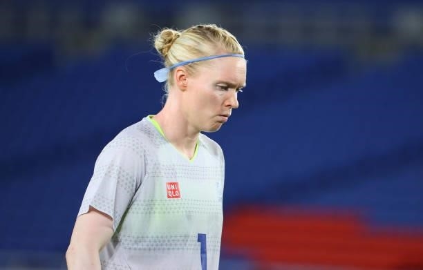 Hedvig Lindahl of Team Sweden reacts while heading into a penalty kick shoot-out during the women's football gold medal match between Canada and...