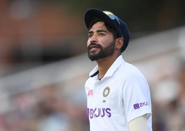 Mohammed Siraj of India looks on during the third day of the 1st LV= Test match between England and India at Trent Bridge on August 06, 2021 in...