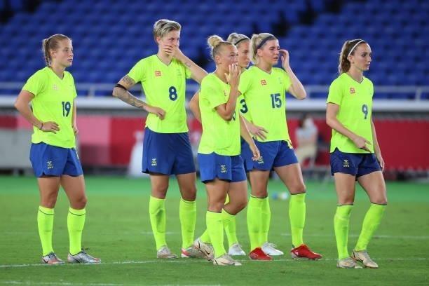 Team Sweden reacts during a penalty kick shoot-out during the women's football gold medal match between Canada and Sweden on day fourteen of the...