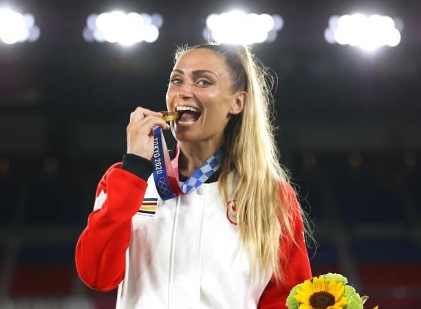 Gold medalist Shelina Zadorsky of Team Canada poses with their gold medal during the Women's Football Competition Medal Ceremony on day fourteen of...