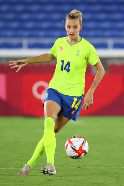 Nathalie Bjorn of Team Sweden controls the ball during the second half during the women's football gold medal match between Canada and Sweden on day...