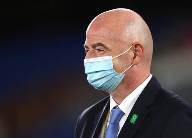 Gianni Infantino, President of FIFA is seen wearing a face mask during the Women's Football Competition Medal Ceremony on day fourteen of the Tokyo...