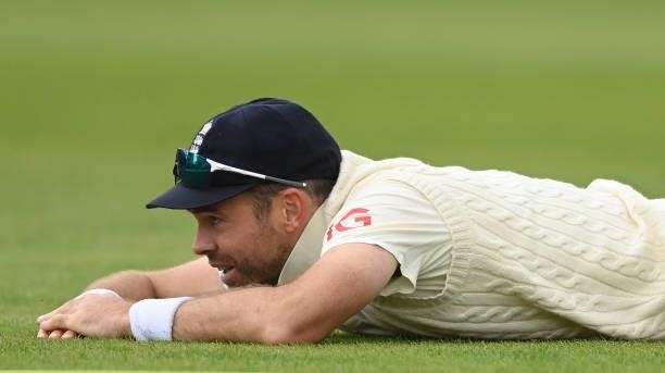 James Anderson of England reacts after dropping a catch from the bat of Mohammed Shami of India during the third day of the 1st LV= Test match...