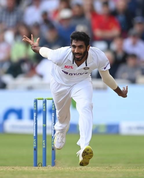 Jasprit Bumrah of India bowls during the third day of the 1st LV= Test match between England and India at Trent Bridge on August 06, 2021 in...