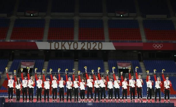 Gold Medalists of Team Canada pose with their gold medals during the Women's Football Competition Medal Ceremony on day fourteen of the Tokyo 2020...