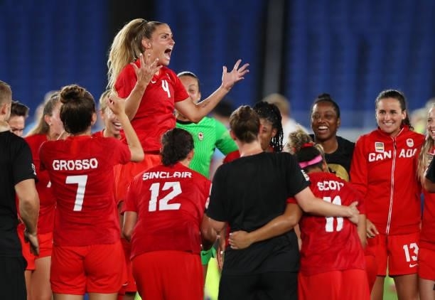 Shelina Zadorsky of Team Canada celebrates following their team's victory in the penalty shoot out in the Women's Gold Medal Match between Canada and...