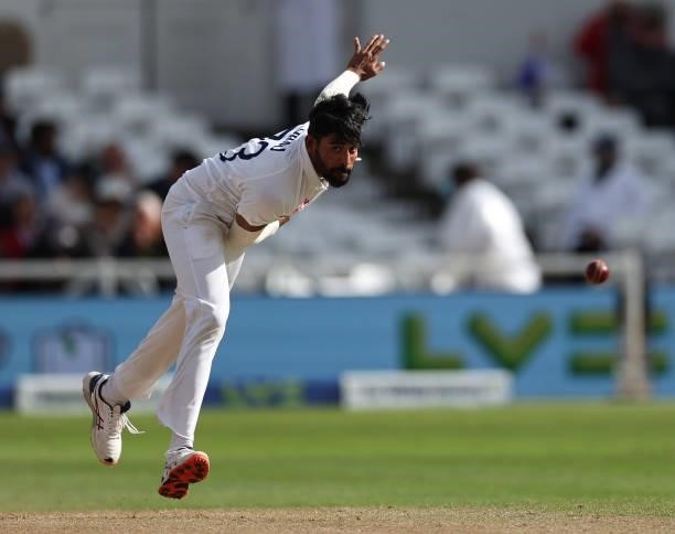 Mohammed Siraj of India in bowling action during day three of the First LV= Insurance test match between England and India at Trent Bridge on August...
