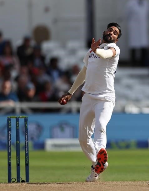 Mohammed Siraj of India in bowling action during day three of the First LV= Insurance test match between England and India at Trent Bridge on August...