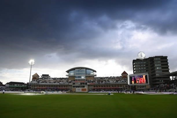 Wet weather stops play during day three of the First Test Match between England and India at Trent Bridge on August 06, 2021 in Nottingham, England.