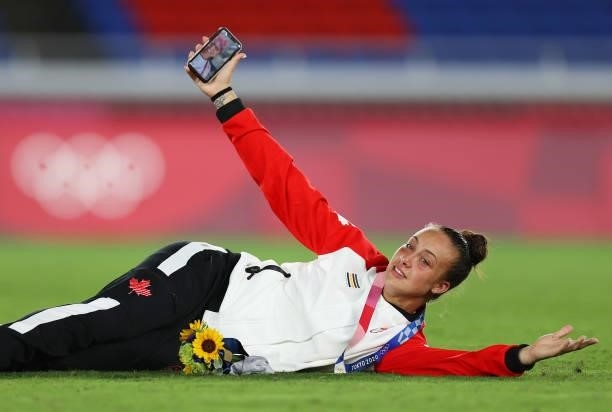 Gold medalist Kailen Sheridan of Team Canada poses with their medal during the Women's Football Competition Medal Ceremony on day fourteen of the...