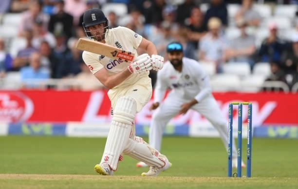 England batsman Dom Sibley in batting action during day three of the First Test Match between England and India at Trent Bridge on August 06, 2021 in...