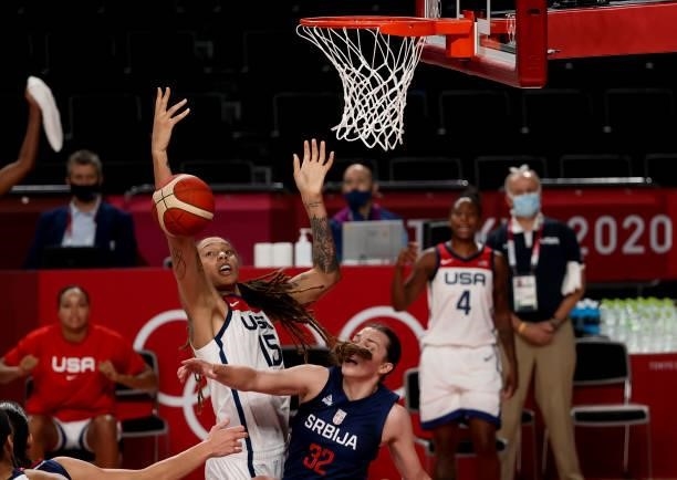 Brittney Griner of USA, Angela Dugalic of Serbia during the Women's Semifinal Basketball game between United States and Serbia on day fourteen of the...