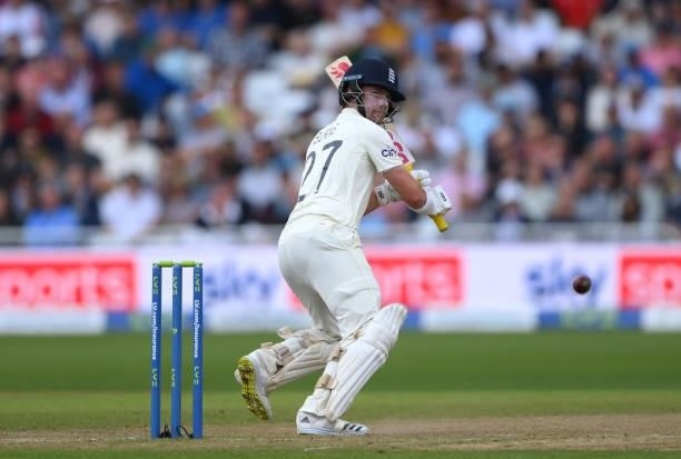 England batsman Rory Burns in batting action during day three of the First Test Match between England and India at Trent Bridge on August 06, 2021 in...