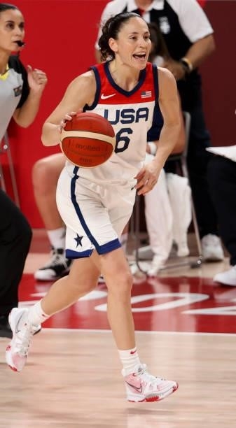 Sue Bird of USA during the Women's Semifinal Basketball game between United States and Serbia on day fourteen of the Tokyo 2020 Olympic Games at...