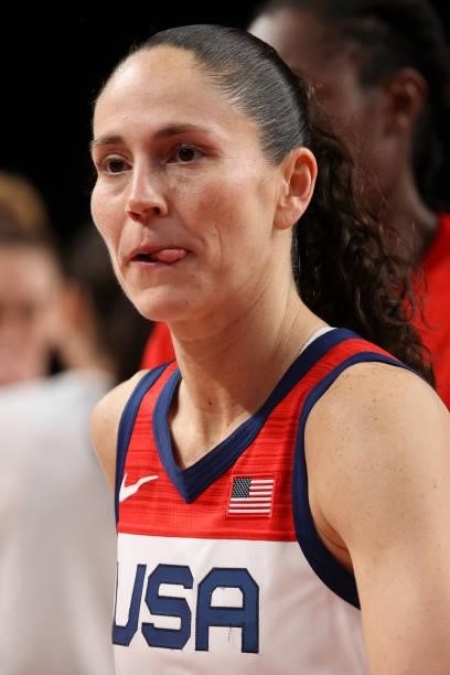Sue Bird of USA during the Women's Semifinal Basketball game between United States and Serbia on day fourteen of the Tokyo 2020 Olympic Games at...