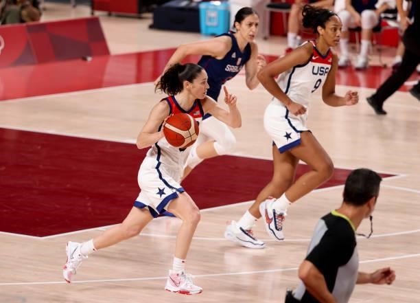 Sue Bird, A"u2019ja Wilson of USA during the Women's Semifinal Basketball game between United States and Serbia on day fourteen of the Tokyo 2020...