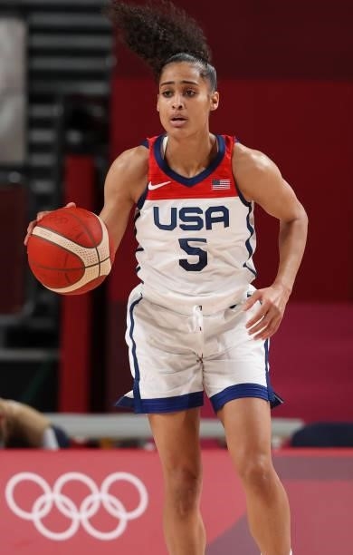 Skylar Diggins of USA during the Women's Semifinal Basketball game between United States and Serbia on day fourteen of the Tokyo 2020 Olympic Games...