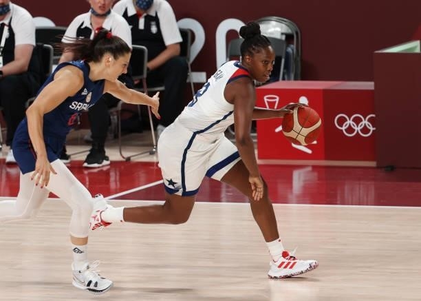 Chelsea Gray of USA during the Women's Semifinal Basketball game between United States and Serbia on day fourteen of the Tokyo 2020 Olympic Games at...