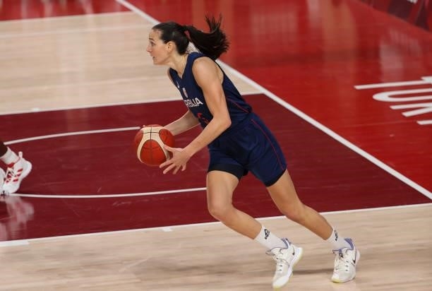 Sonja Vasic of Serbia during the Women's Semifinal Basketball game between United States and Serbia on day fourteen of the Tokyo 2020 Olympic Games...