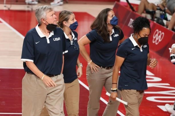 Assistant coaches of Team USA Cheryl Reeve and Jennifer Sullivan, head coach Dawn Michelle Staley during the Women's Semifinal Basketball game...