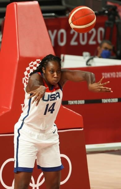 Tina Charles of USA during the Women's Semifinal Basketball game between United States and Serbia on day fourteen of the Tokyo 2020 Olympic Games at...