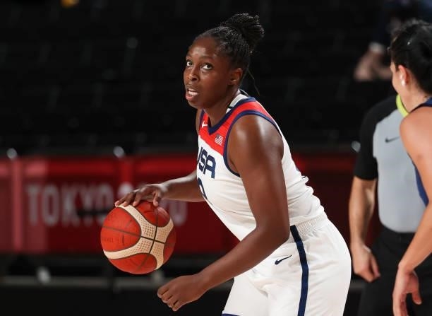 Chelsea Gray of USA during the Women's Semifinal Basketball game between United States and Serbia on day fourteen of the Tokyo 2020 Olympic Games at...
