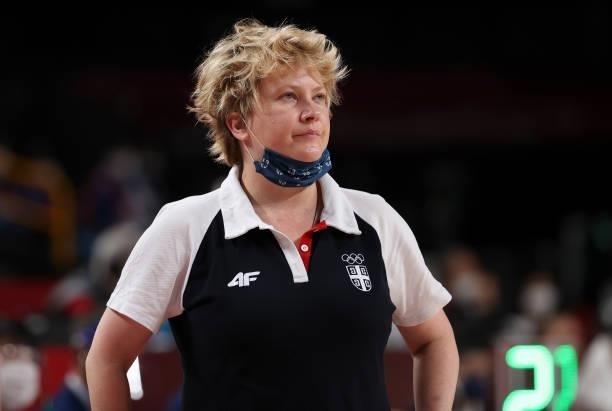 Coach of Serbia Marina Maljovic during the Women's Semifinal Basketball game between United States and Serbia on day fourteen of the Tokyo 2020...