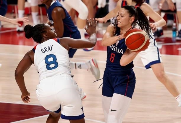 Sasa Cado of Serbia, Chelsea Gray of USA during the Women's Semifinal Basketball game between United States and Serbia on day fourteen of the Tokyo...