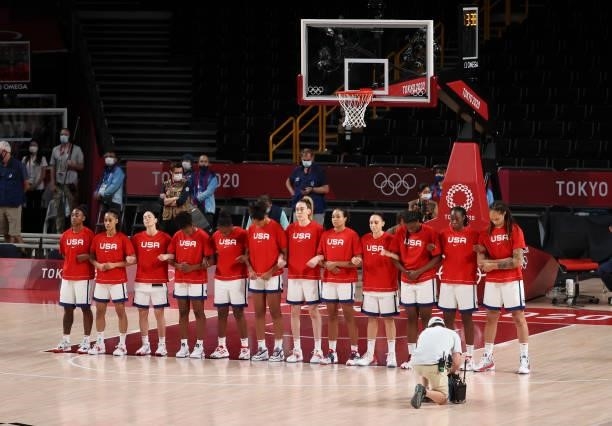 Team USA poses during the Women's Semifinal game between United States and Serbia on day fourteen of the Tokyo 2020 Olympic Games at Saitama Super...