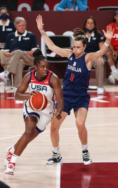 Chelsea Gray of USA, Nevena Jovanovic of Serbia during the Women's Semifinal Basketball game between United States and Serbia on day fourteen of the...