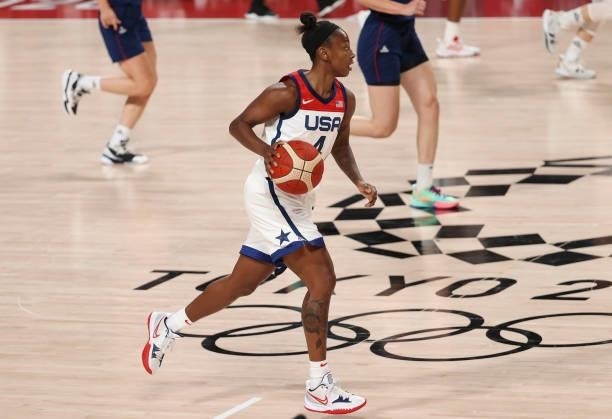 Jewell Loyd of USA during the Women's Semifinal Basketball game between United States and Serbia on day fourteen of the Tokyo 2020 Olympic Games at...