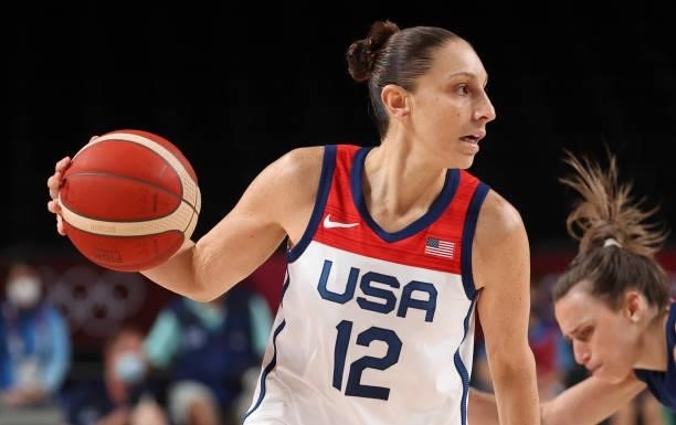 Diana Taurasi of USA during the Women's Semifinal Basketball game between United States and Serbia on day fourteen of the Tokyo 2020 Olympic Games at...