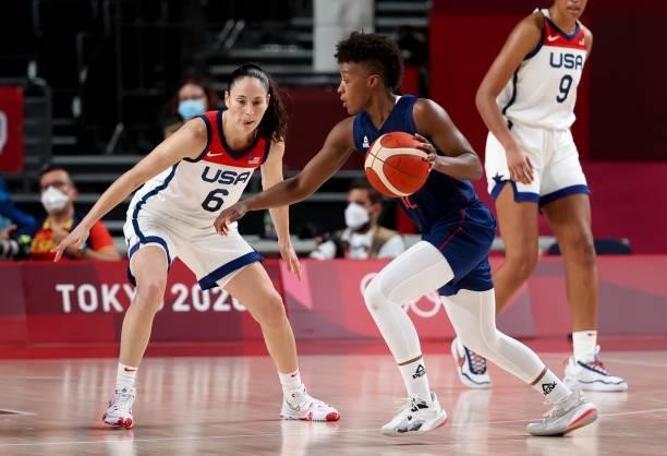 Yvonne Anderson of Serbia, Sue Bird of USA during the Women's Semifinal Basketball game between United States and Serbia on day fourteen of the Tokyo...