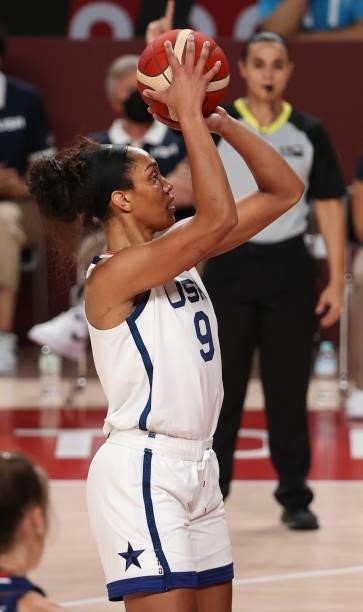 U2019ja Wilson of USA during the Women's Semifinal Basketball game between United States and Serbia on day fourteen of the Tokyo 2020 Olympic Games...