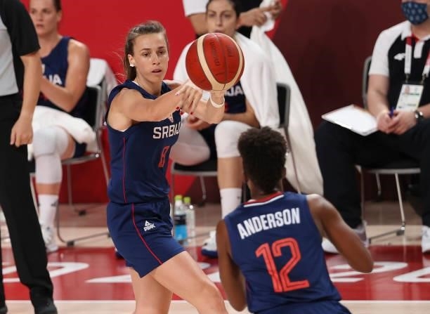 Nevena Jovanovic of Serbia during the Women's Semifinal Basketball game between United States and Serbia on day fourteen of the Tokyo 2020 Olympic...