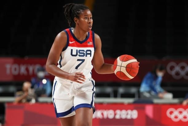 Ariel Atkins of USA during the Women's Semifinal Basketball game between United States and Serbia on day fourteen of the Tokyo 2020 Olympic Games at...