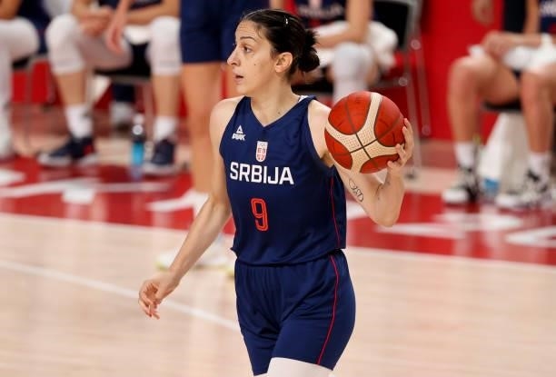 Jelena Brooks of Serbia during the Women's Semifinal Basketball game between United States and Serbia on day fourteen of the Tokyo 2020 Olympic Games...
