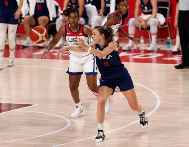 Nevena Jovanovic of Serbia during the Women's Semifinal Basketball game between United States and Serbia on day fourteen of the Tokyo 2020 Olympic...