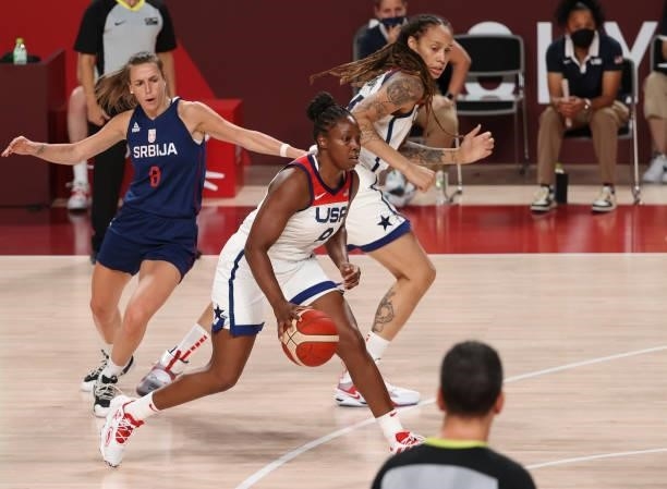 Chelsea Gray, Brittney Griner of USA, Nevena Jovanovic of Serbia during the Women's Semifinal Basketball game between United States and Serbia on day...