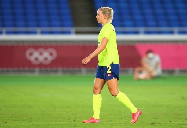 Jonna Andersson of Team Sweden looks dejected after missing their side's sixth penalty during the penalty shoot out during the Women's Gold Medal...