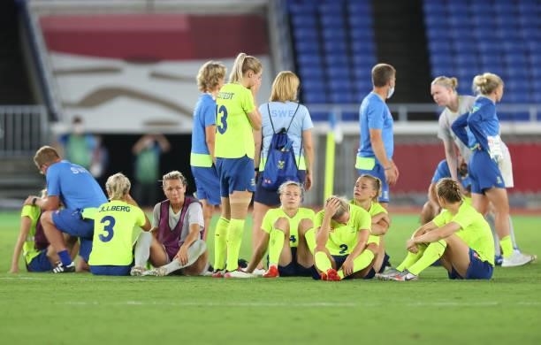 Players of Team Sweden look dejected after the penalty shoot out after the Women's Gold Medal Match between Canada and Sweden on day fourteen of the...