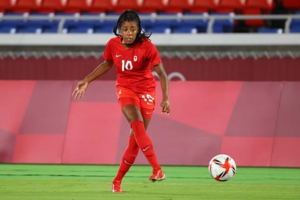 Ashley Lawrence of Team Canada passes the ball during the first half during the women's football gold medal match between Canada and Sweden on day...