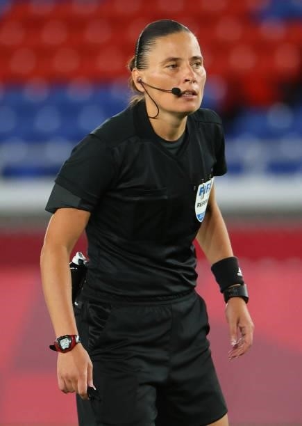 Referee looks on during the women's football gold medal match between Canada and Sweden on day fourteen of the Tokyo 2020 Olympic Games at...