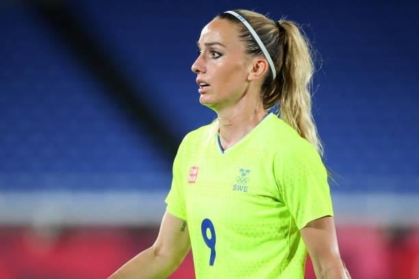 Kosovare Asllani of Team Sweden looks on in the first half during the women's football gold medal match between Canada and Sweden on day fourteen of...