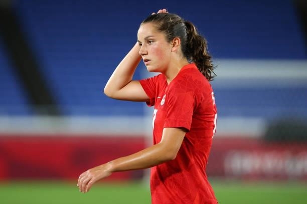Jessie Fleming of Team Canada looks on in the first half during the women's football gold medal match between Canada and Sweden on day fourteen of...