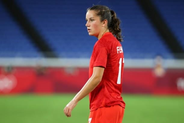 Jessie Fleming of Team Canada looks on in the first half during the women's football gold medal match between Canada and Sweden on day fourteen of...