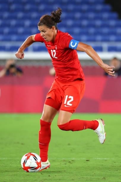 Christine Sinclair of Team Canada controls the ball in the first half during the women's football gold medal match between Canada and Sweden on day...
